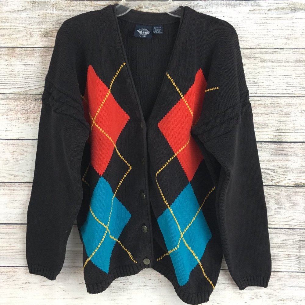 Dockers Cardigan Sweater 90s Grandpa Diamond Argyle Chunky Oversized Vintage